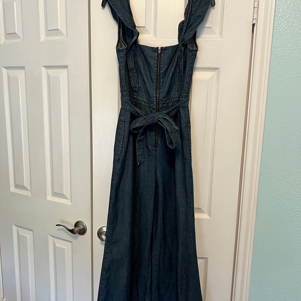 Free People Ruffle Denim Wide Leg Jumpsuit Size 4